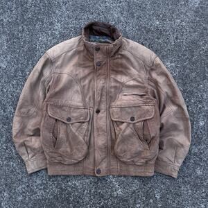 Tan Cracked Leather Bomber Jacket Size XL Vintage Avant Garde Cropped Quality